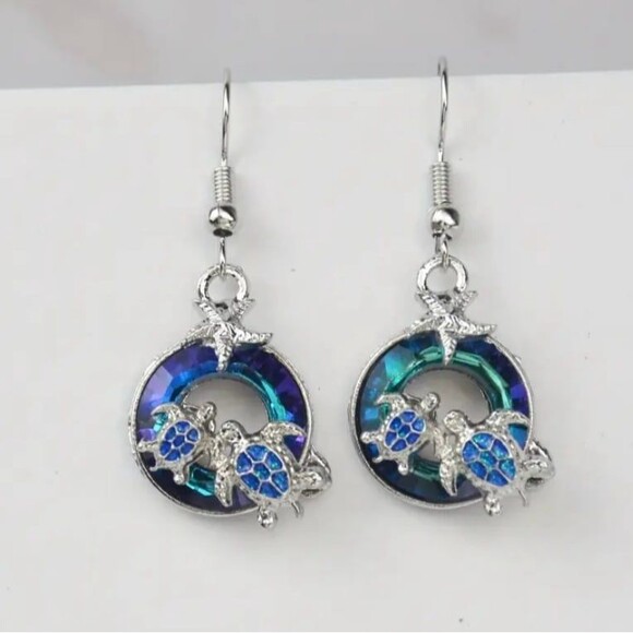 Turtle & Starfish Blue Crystal Earrings – Ocean Beach Vibes Jewelry - Picture 5 of 7